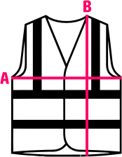 Schéma du gilet HVW100 avec les repères de mesure A (largeur) et B (hauteur)